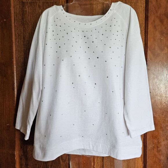 Coral Bay Women's Petite Large White 3/4 Sleeve Top with Studded Glittery Design - Picture 1 of 5
